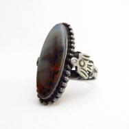 Vtg Thundebird Applique Silver Ring w/PetrifiedWood  c.1935～