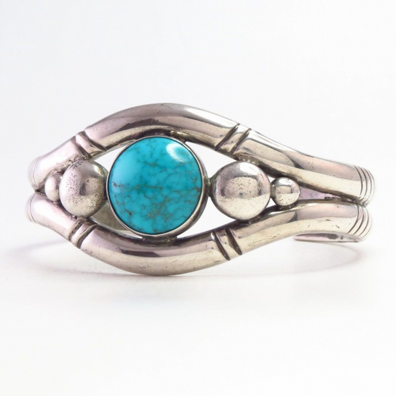 Vtg Double Half-Round Wires Cuff w/Gem Turquoise  c.1955～