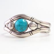 Vtg Double Half-Round Wires Cuff w/Gem Turquoise  c.1955～