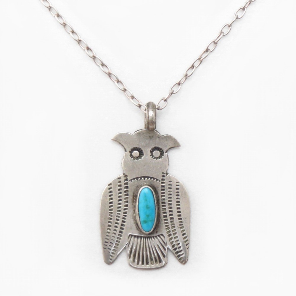 Atq Kewa/Navajo Stamped Owl Top w/Turquoise Necklace c.1930～