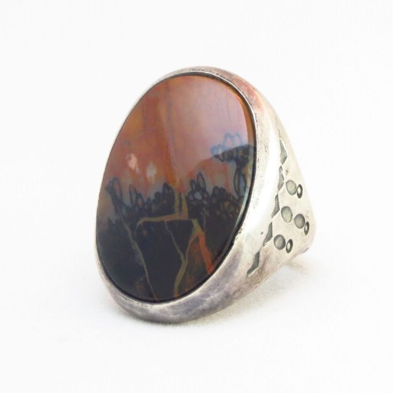 Antique Navajo Silver Men's Ring w/PetrifiedWood c.1935～