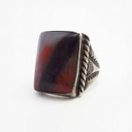 Vtg Navajo Stmped Ingot Silver Ring w/PetrifiedWood  c.1940～