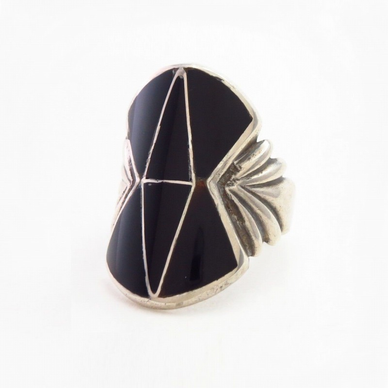 Vtg Zuni/Navajo Black Onyx Inlay Silver Men's Ring c.1955～