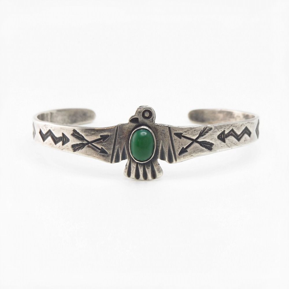 Atq T-bird Face Stamped Silver Small Cuff w/Turquoise c.1930
