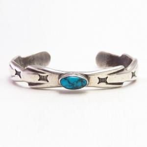 Atq Navajo Stamped Cast Silver Cuff /Gem Turquoise  c.1935～