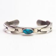 Atq Navajo Stamped Cast Silver Cuff /Gem Turquoise  c.1935～