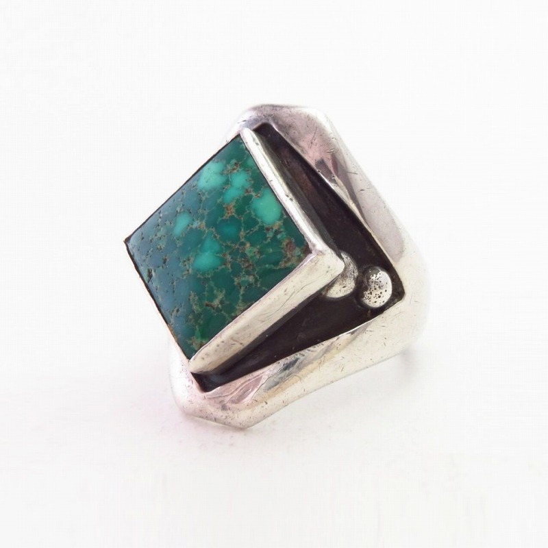 【Joe Chee】Navajo Mens Silver Ring w/Rhombus Turquoise c.1965