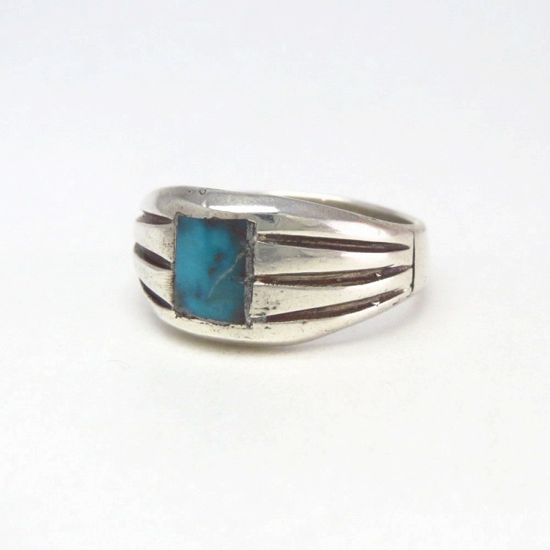 Vtg Navajo Cast Silver Men's Ring w/Bisbee Turquoise c.1965～