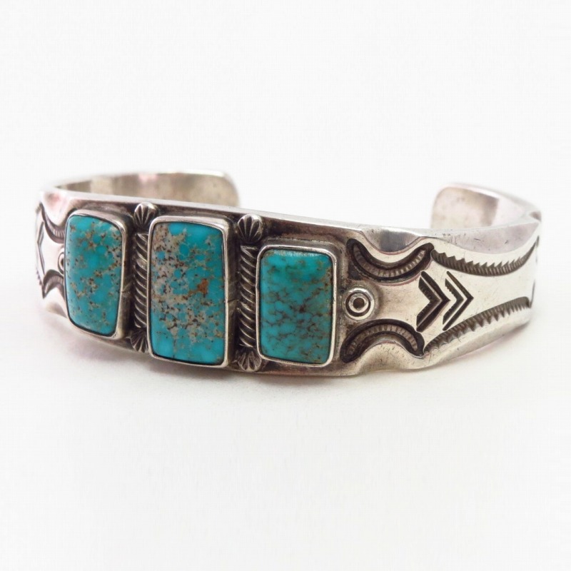 Vtg Filed & Stamped Heavy Silver Turquoise Row Cuff  c.1950
