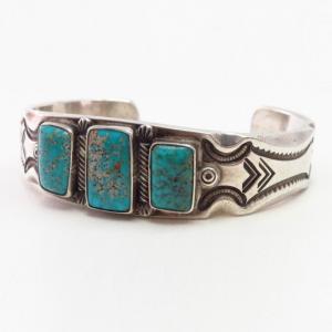 Vtg Filed & Stamped Heavy Silver Turquoise Row Cuff  c.1950