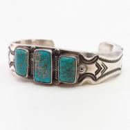 Vtg Filed & Stamped Heavy Silver Turquoise Row Cuff  c.1950