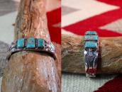 Vtg Filed & Stamped Heavy Silver Turquoise Row Cuff  c.1950