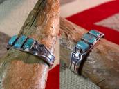 Vtg Filed & Stamped Heavy Silver Turquoise Row Cuff  c.1950