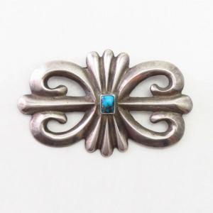 【NAVAJO GUILD】Vtg Cast Silver Pin w/Gem #8 Turquoise  c.1950