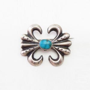 Vtg Navajo Casted Silver Pin Brooch w/Gem Turquoise  c.1950～