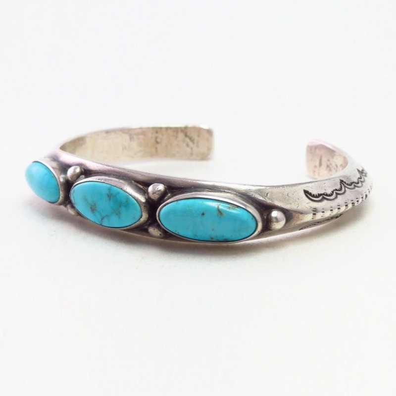 Vtg Navajo Stamped Triangle Wire Cuff w/3 Turquoise c.1950～