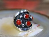 Vintage Navajo Four Gem Red Coral Ring in Silver c.1960～