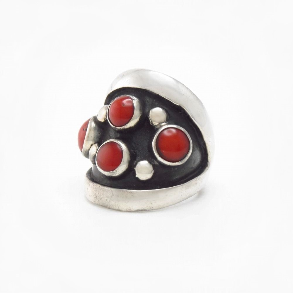 Vintage Navajo Four Gem Red Coral Ring in Silver c.1960～