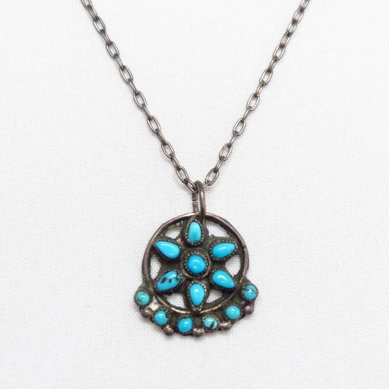 Vtg Zuni Turquoise Cluster Small Fob Silver Necklace  c.1960