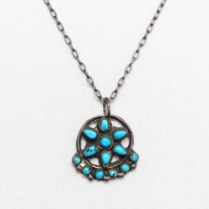 Vtg Zuni Turquoise Cluster Small Fob Silver Necklace  c.1960