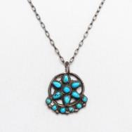 Vtg Zuni Turquoise Cluster Small Fob Silver Necklace  c.1960