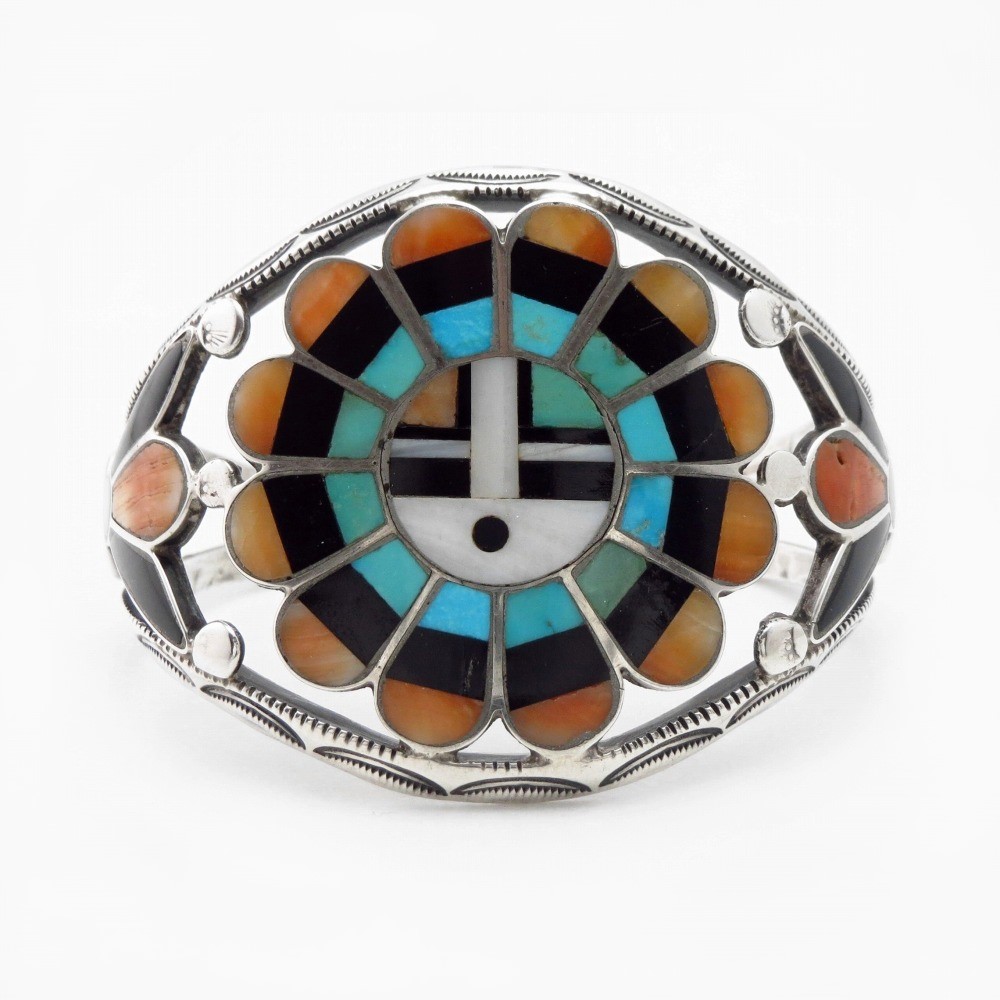 Antique Zuni Sun Face Multi-Stone Inlay Silver Cuff c.1945～