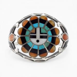 Antique Zuni Sun Face Multi-Stone Inlay Silver Cuff c.1945～