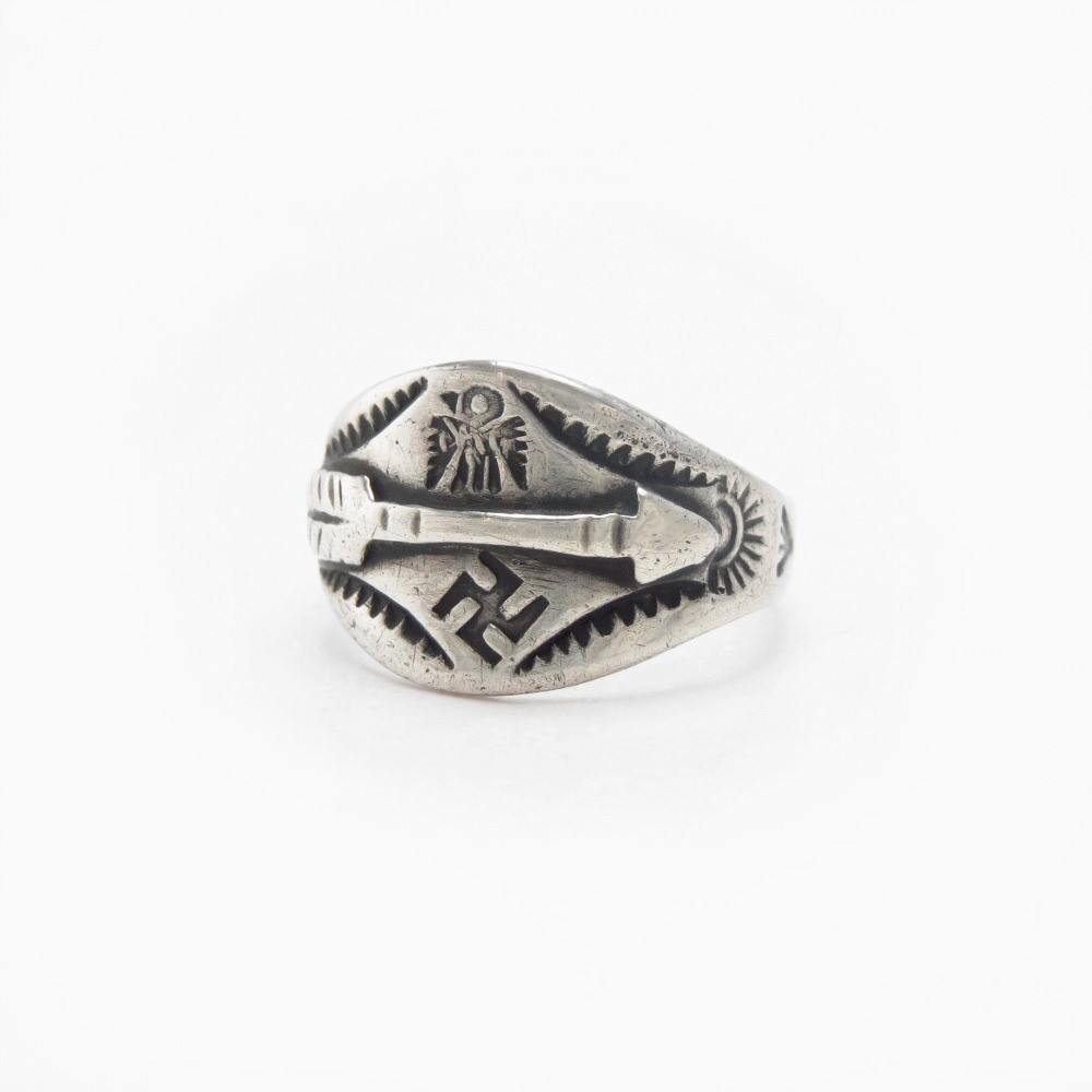 Atq Navajo Arrow Applique & T-bird/卍 Stamped Ring c.1930
