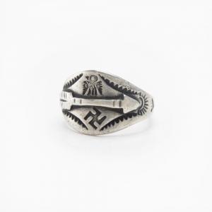 Atq Navajo Arrow Applique & T-bird/卍 Stamped Ring c.1930
