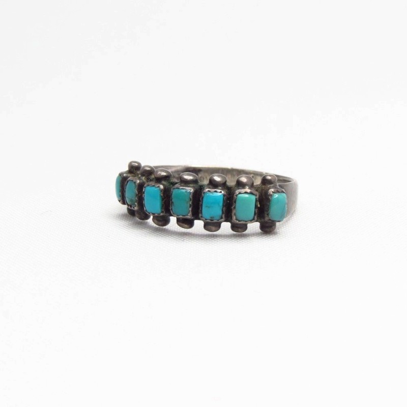 Vintage Zuni Square Turquoise Row Narrow Silver Ring c.1940～