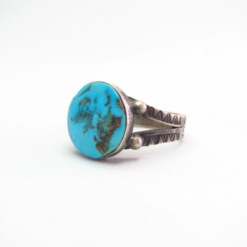 Atq Stamped Silver Tourist Ring w/Round Turquoise  c.1935～