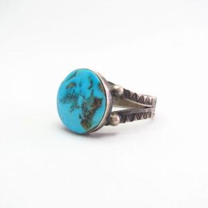 Atq Stamped Silver Tourist Ring w/Round Turquoise  c.1935～