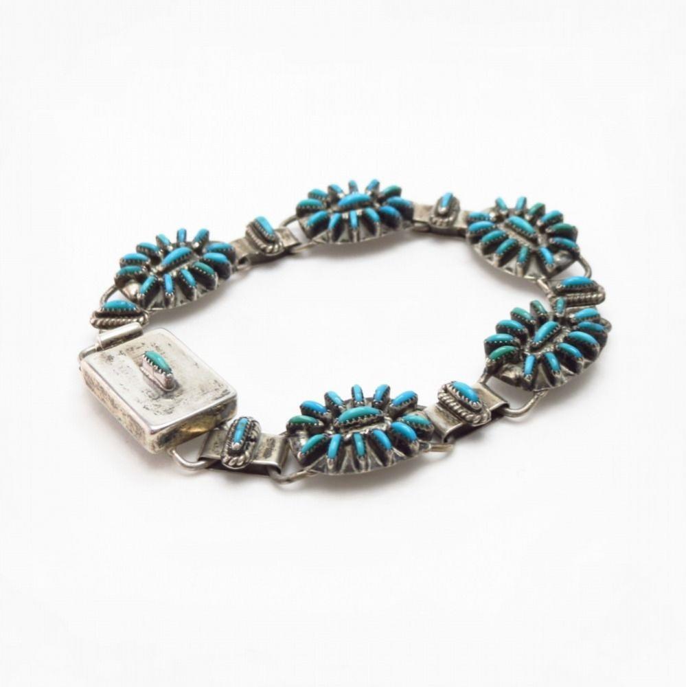 Vtg ZUNI Turquoise Needle Point Silver Link Bracelet c.1965～