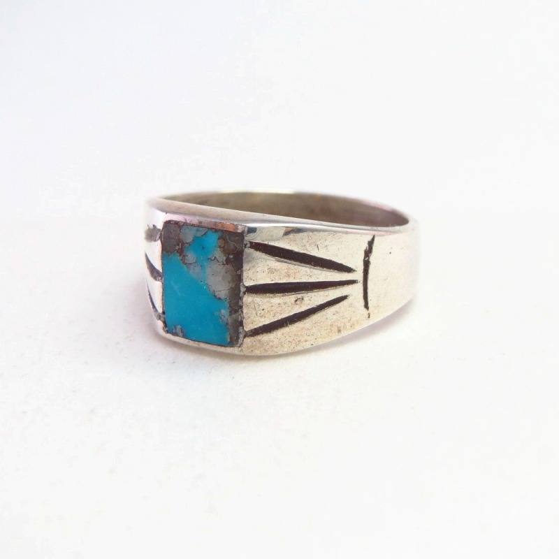 Vtg Navajo Square Turquoise Inlay Cast Silver Ring  c.1965～