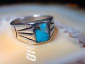 Vtg Navajo Square Turquoise Inlay Cast Silver Ring  c.1965～