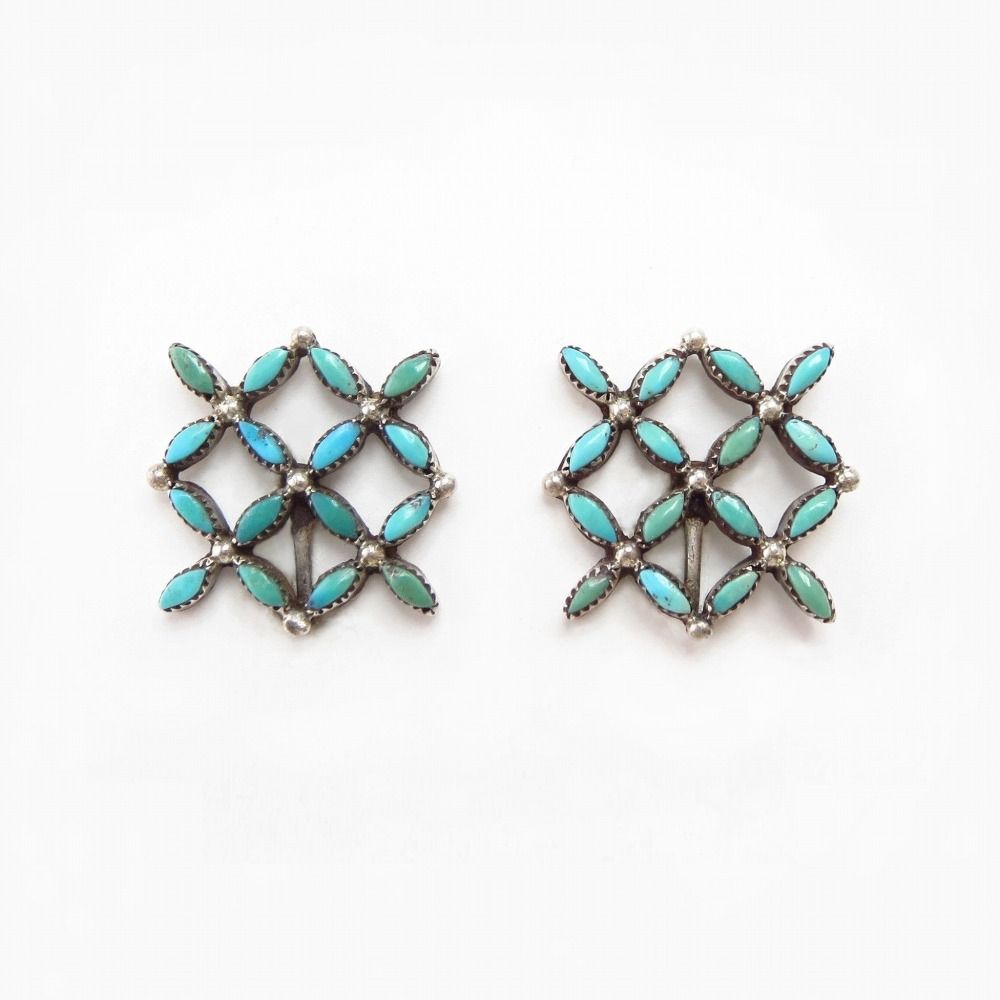 Vtg Zuni Turquoise Needle Point Latticework Earrings c.1965～