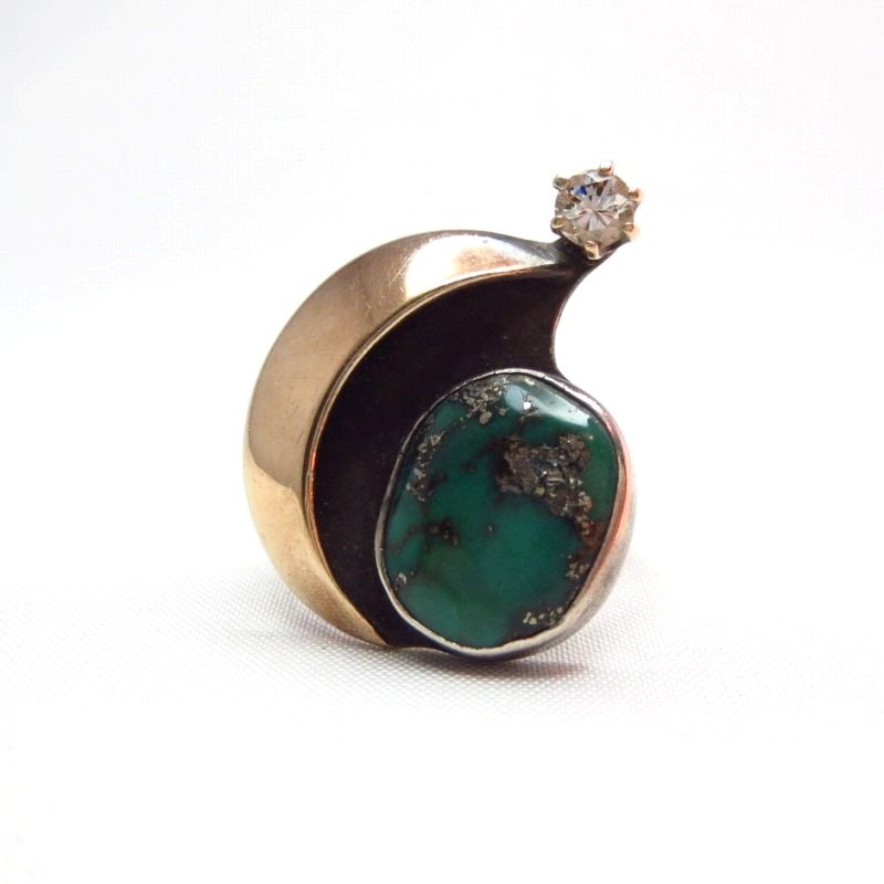 Vintage Moon Shape Silver&Gold Ring w/TQ ・ Diamond