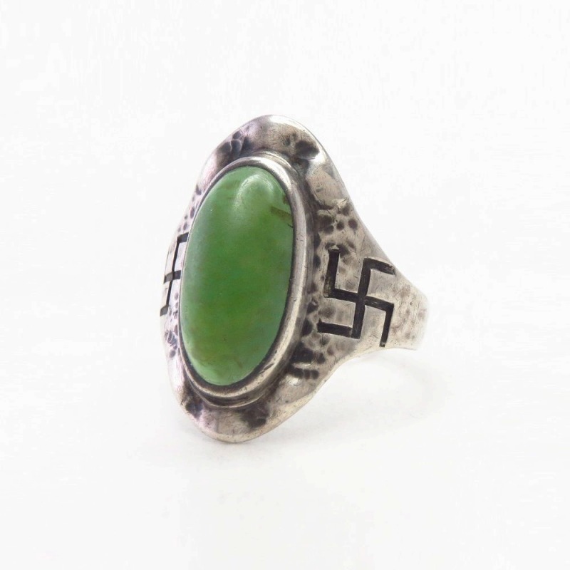 Atq Navajo 卍 Stamped Cigar Band Ring w/Aventurine  c.1925～