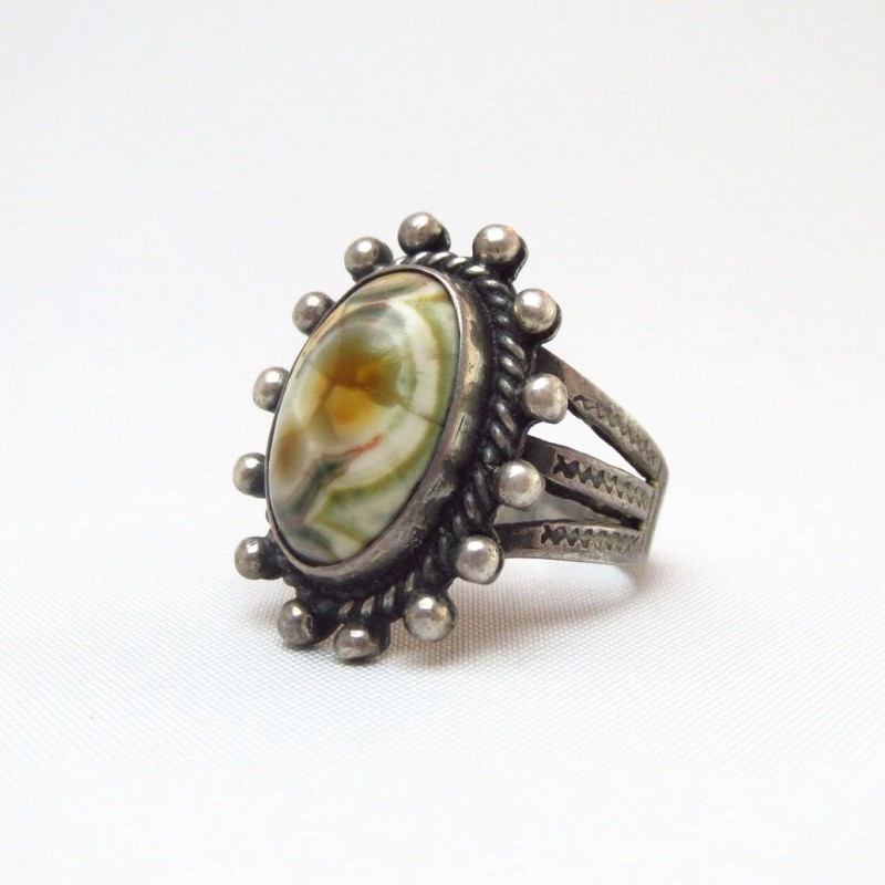Antique Snake Stamped Silver Ring w/Thunderegg(Agate) c.1940