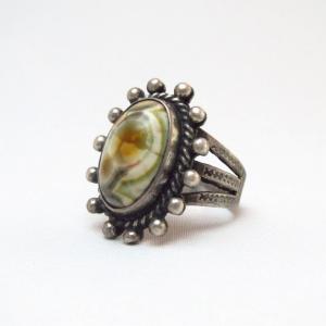 Antique Snake Stamped Silver Ring w/Thunderegg(Agate) c.1940