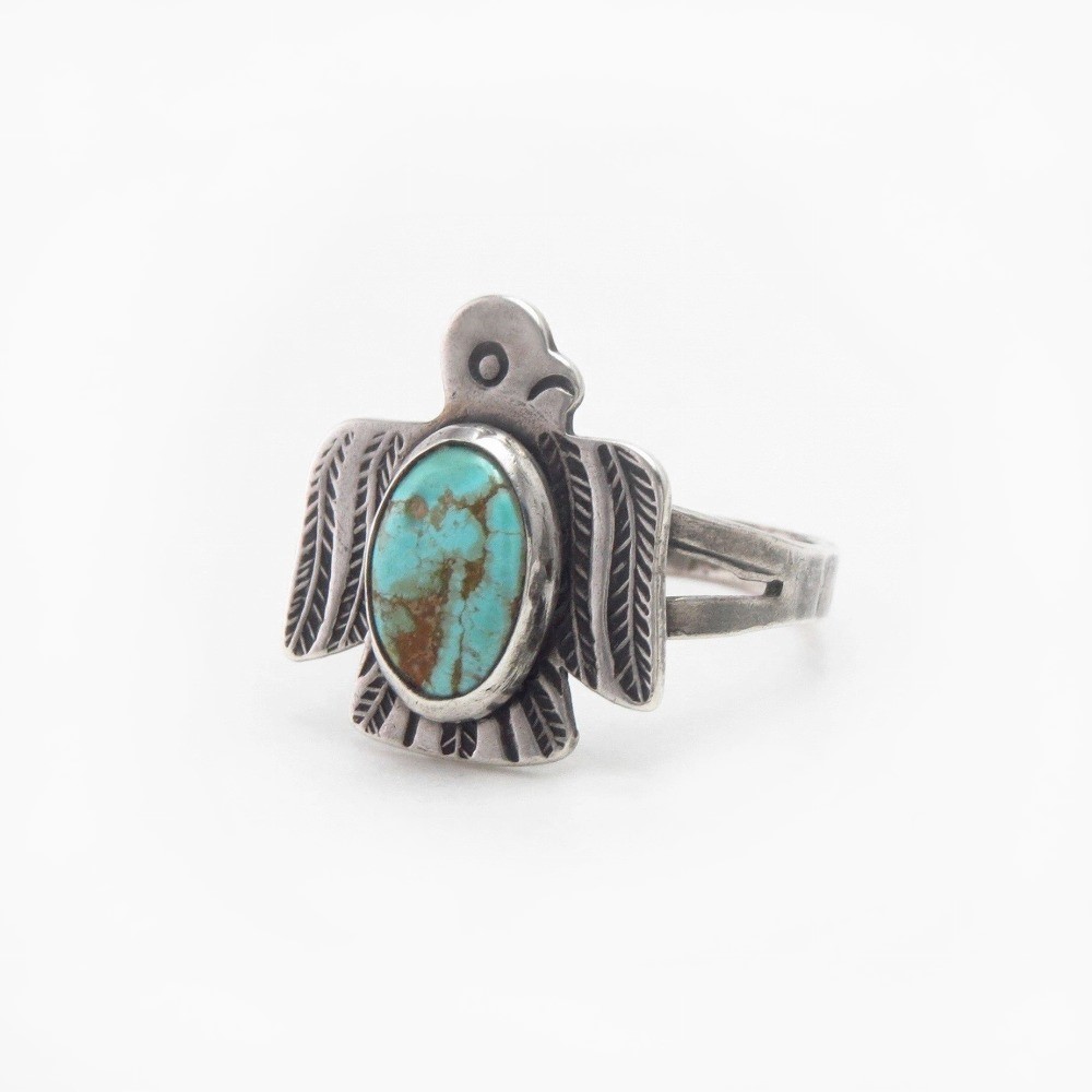 Atq Stamped T-bird Face Ring w/Green Turquoise c.1945～