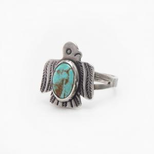 Atq Stamped T-bird Face Ring w/Green Turquoise c.1945～