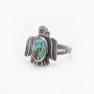 Atq Stamped T-bird Face Ring w/Green Turquoise c.1945～