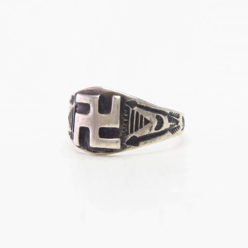 Atq Navajo 卍 Applique & Arrows Stamped Silver Ring  c.1925～