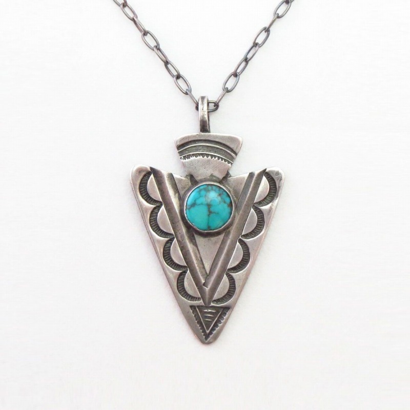 Atq Navajo Stamped Arrowhead Fob w/Turquoise Necklace c.1930