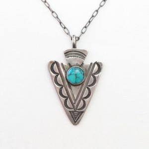 Atq Navajo Stamped Arrowhead Fob w/Turquoise Necklace c.1930