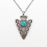 Atq Navajo Stamped Arrowhead Fob w/Turquoise Necklace c.1930