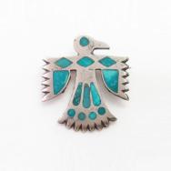 Vtg Zuni Gem Turquoise Inlay Thunderbird Pin Brooch  c.1960～