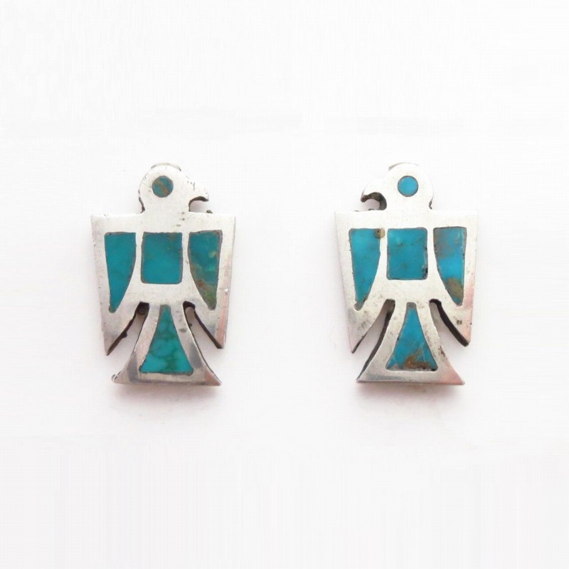 Vintage Zuni Gem Turquoise Inlay Thunderbird Earring c.1960～