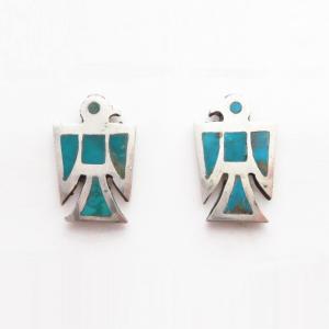 Vintage Zuni Gem Turquoise Inlay Thunderbird Earring c.1960～